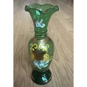 Enesco Bohemian Glass Vase Hand Painted Enamel Flowers Gilded 8 Inches VTG 1960s